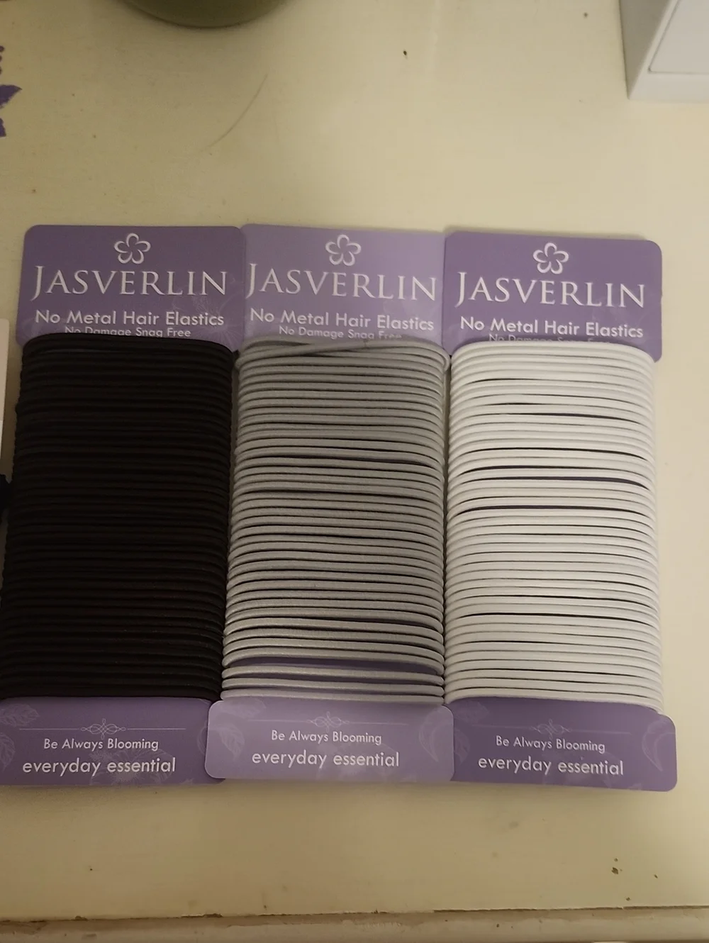 JASVERLIN No Metal Hair Elastics - Black, Gray, White (3 Pack)